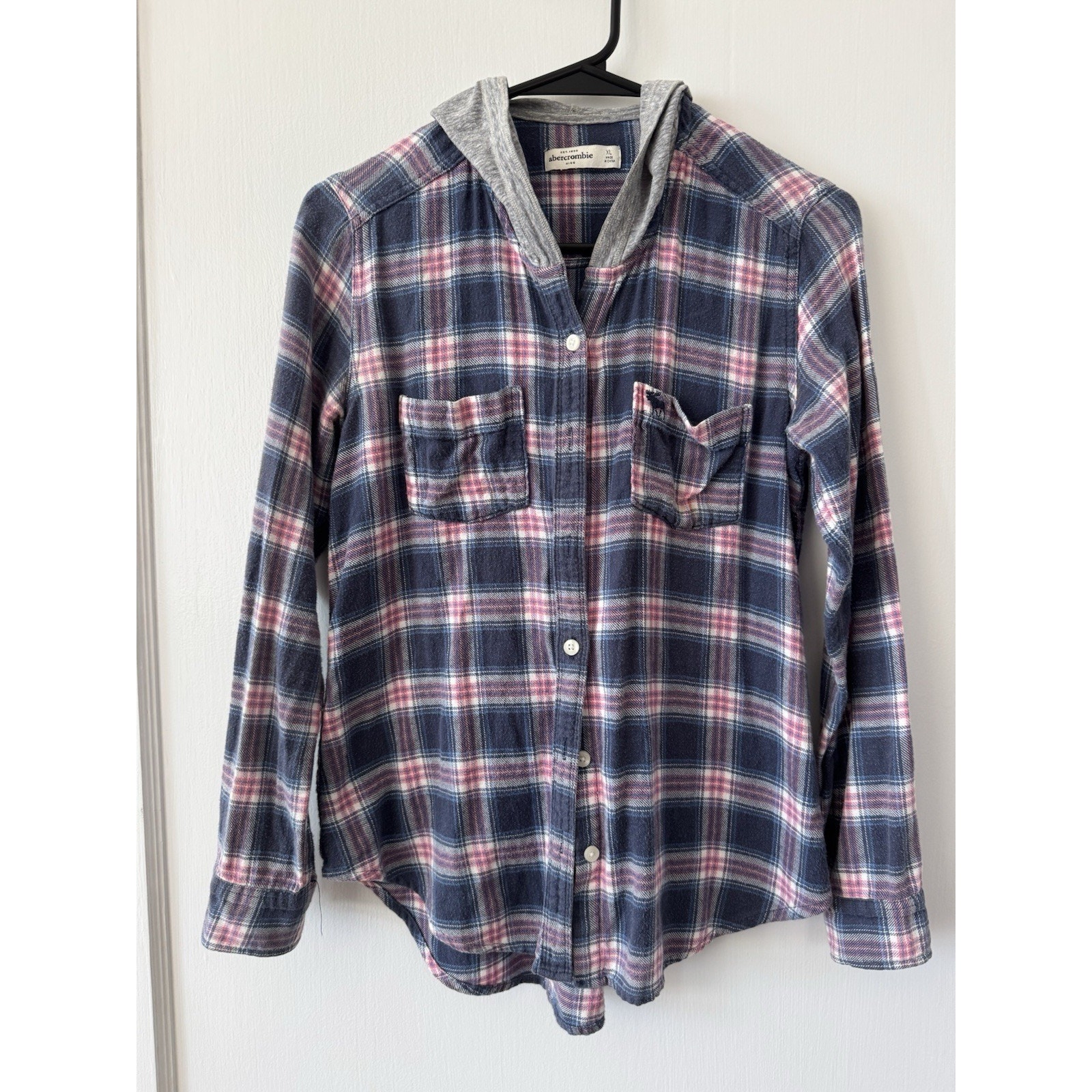 Abercrombie And Fitch Kids’ Blue Pink Plaid Hooded Flannel Size Xl Women’s Sm
